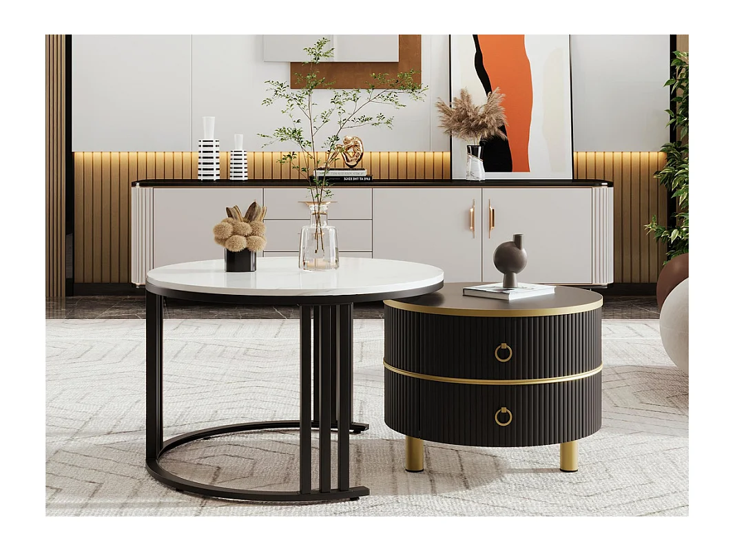 Lot de 2 tables basses gigognes avec 2 tiroirs - plateau à motif de marbre - Noir