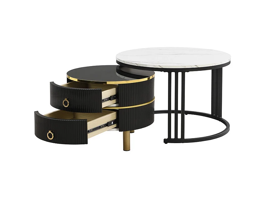 Set van 2 in elkaar geschoven salontafels met 2 lades - blad met marmerpatroon - Zwart