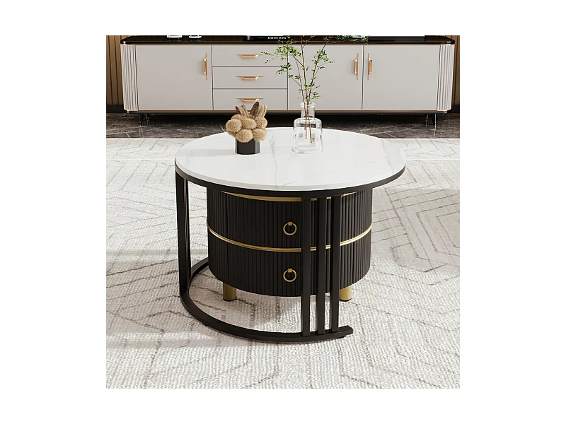 Set van 2 in elkaar geschoven salontafels met 2 lades - blad met marmerpatroon - Zwart