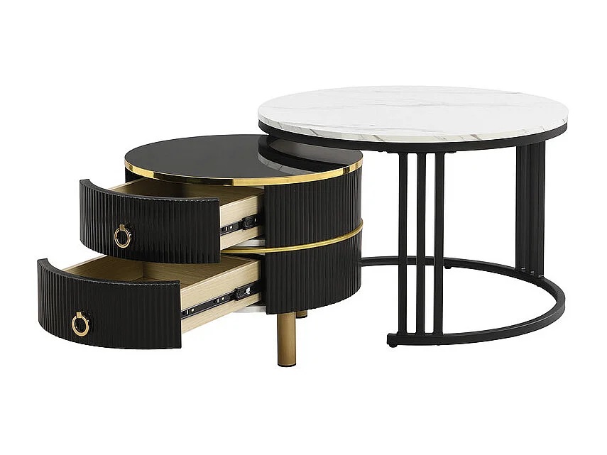 Set aus 2 ineinander steckbaren Couchtischen mit 2 Schubladen – Platte mit Marmormuster – Schwarz