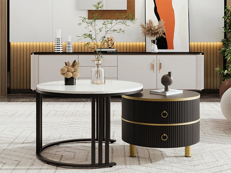 Lot de 2 tables basses gigognes avec 2 tiroirs - plateau à motif de marbre - Noir