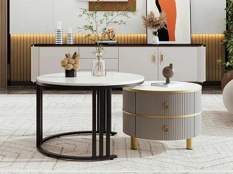 Lot de 2 tables basses gigognes avec 2 tiroirs - plateau à motif de marbre - Noir & Gris