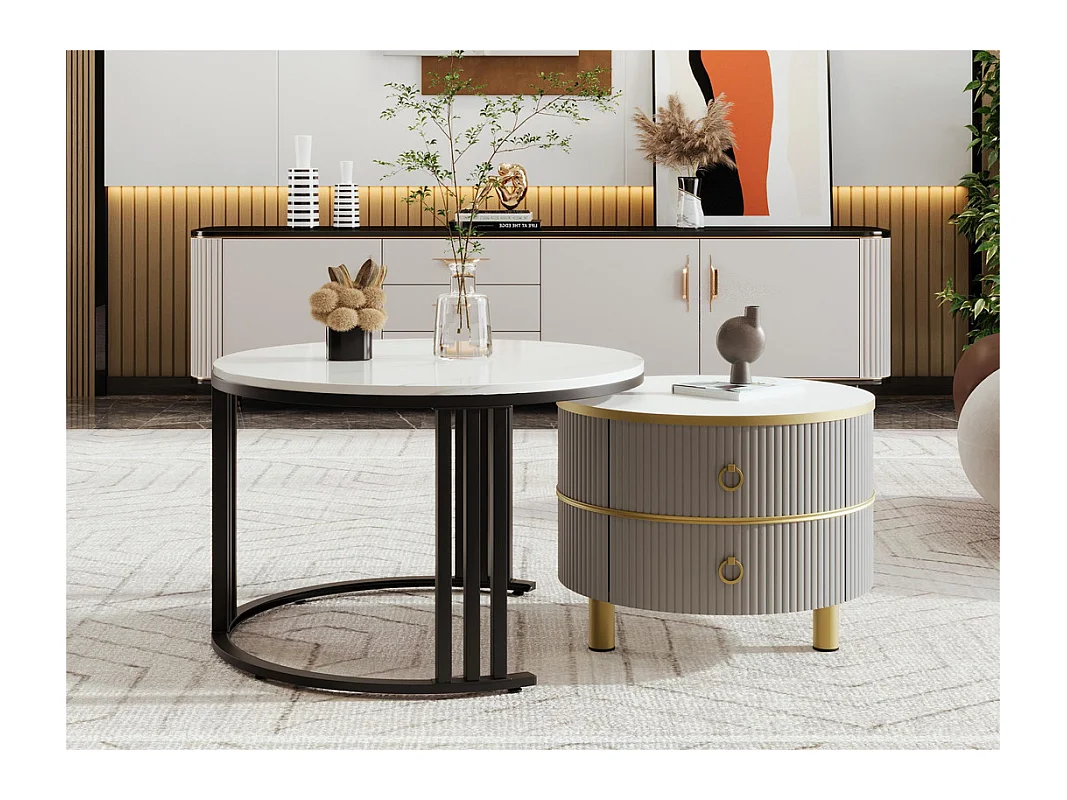 Lot de 2 tables basses gigognes avec 2 tiroirs - plateau à motif de marbre - Noir & Gris