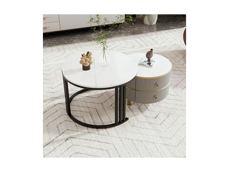 Juego de 2 mesas de centro nido con 2 cajones - tapa con diseño de mármol - Negro y gris