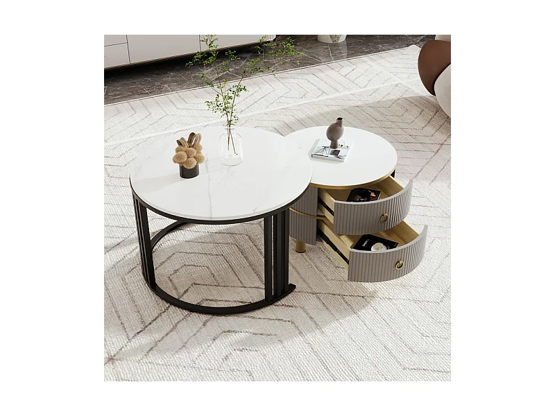 Juego de 2 mesas de centro nido con 2 cajones - tapa con diseño de mármol - Negro y gris