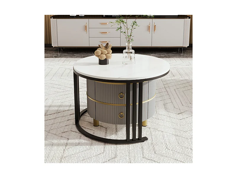 Juego de 2 mesas de centro nido con 2 cajones - tapa con diseño de mármol - Negro y gris