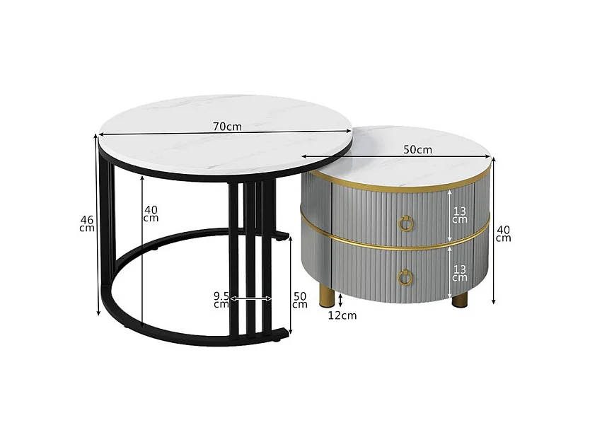 Juego de 2 mesas de centro nido con 2 cajones - tapa con diseño de mármol - Negro y gris