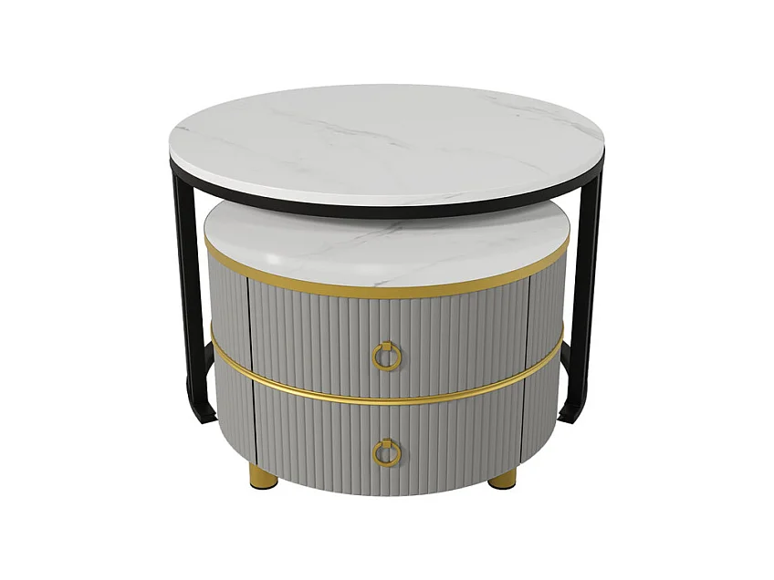 Juego de 2 mesas de centro nido con 2 cajones - tapa con diseño de mármol - Negro y gris