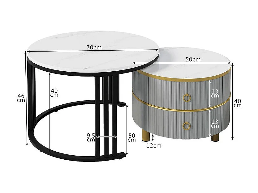 Lot de 2 tables basses gigognes avec 2 tiroirs - plateau à motif de marbre - Noir & Gris