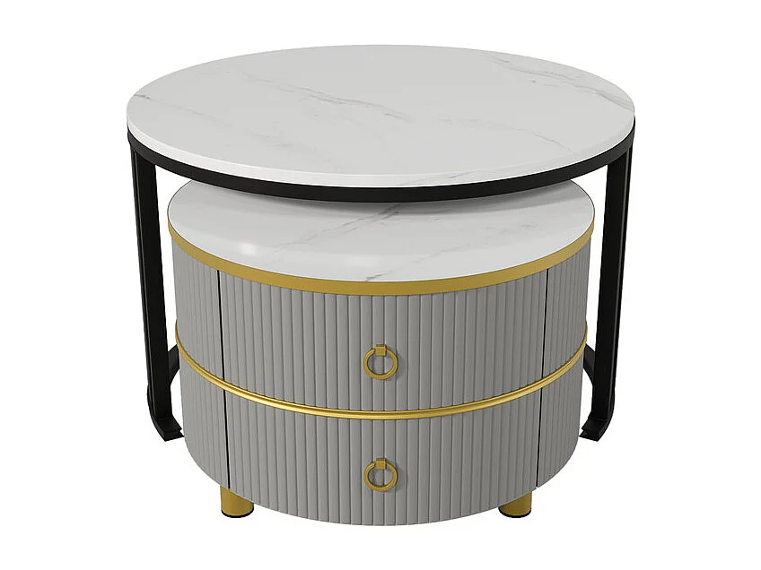 Lot de 2 tables basses gigognes avec 2 tiroirs - plateau à motif de marbre - Noir & Gris
