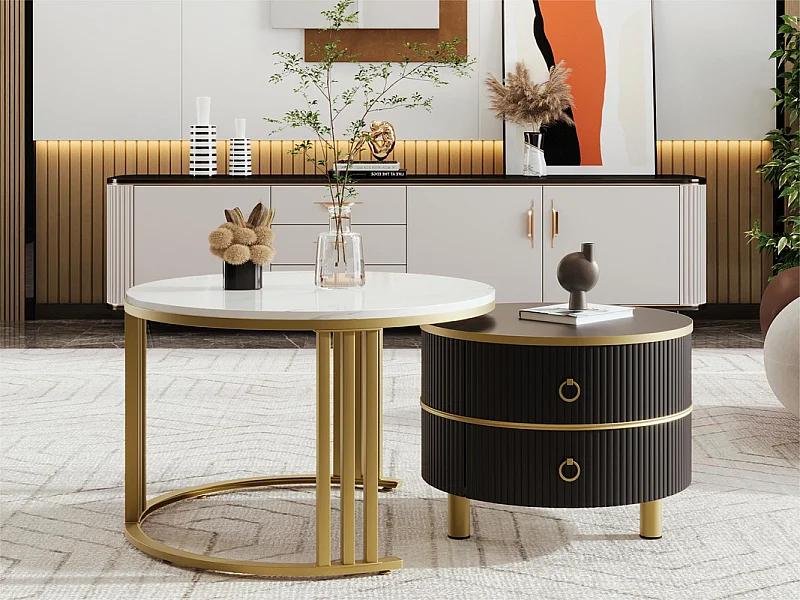 Set aus 2 ineinander steckbaren Couchtischen mit 2 Schubladen – Platte mit Marmormuster – Gold und Schwarz