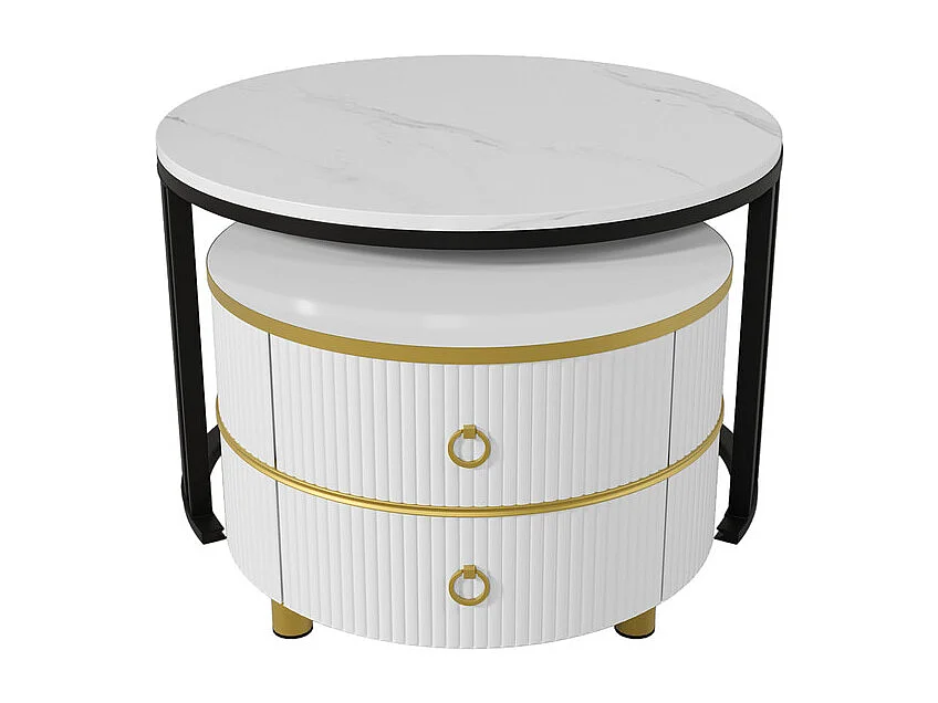 Lot de 2 tables basses gigognes avec 2 tiroirs - plateau à motif de marbre - Doré & Noir