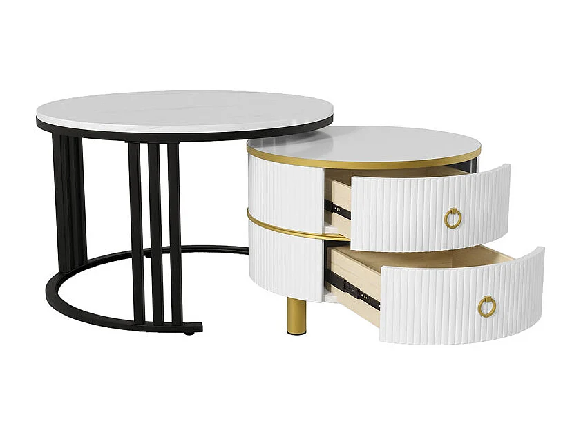 Lot de 2 tables basses gigognes avec 2 tiroirs - plateau à motif de marbre - Doré & Noir