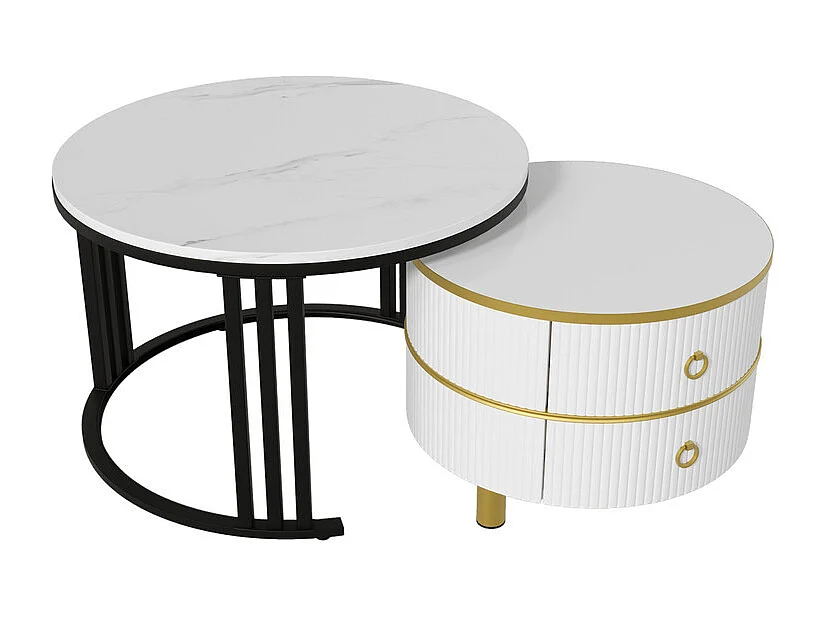 Lot de 2 tables basses gigognes avec 2 tiroirs - plateau à motif de marbre - Doré & Noir