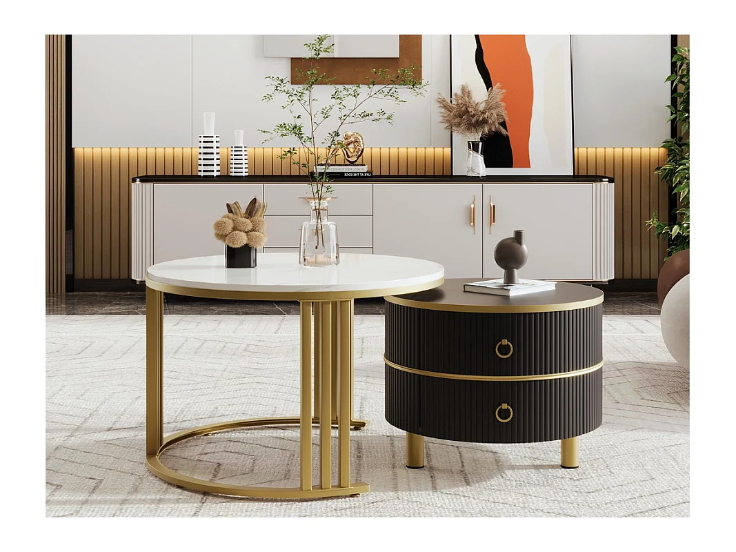Lot de 2 tables basses gigognes avec 2 tiroirs - plateau à motif de marbre - Doré & Noir