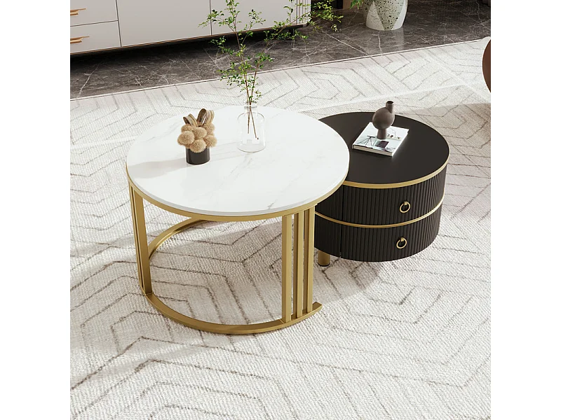 Lot de 2 tables basses gigognes avec 2 tiroirs - plateau à motif de marbre - Doré & Noir
