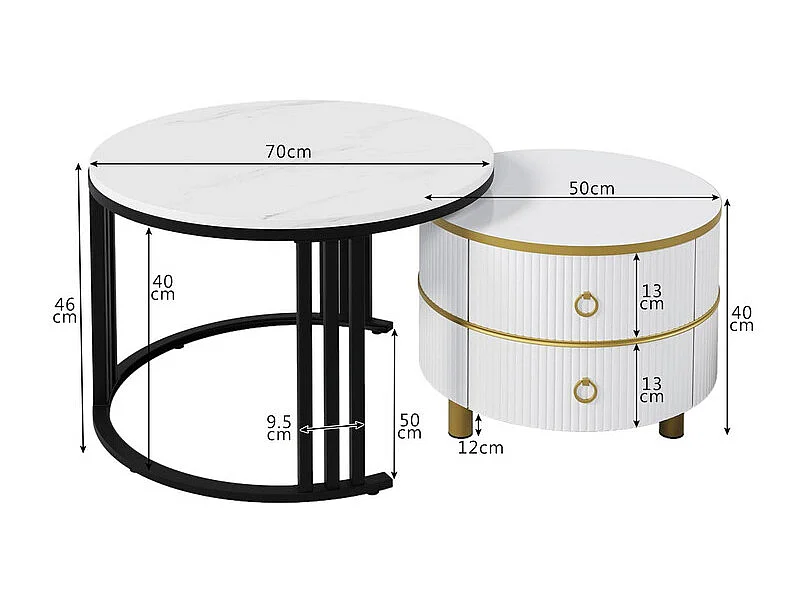 Lot de 2 tables basses gigognes avec 2 tiroirs - plateau à motif de marbre - Doré & Noir