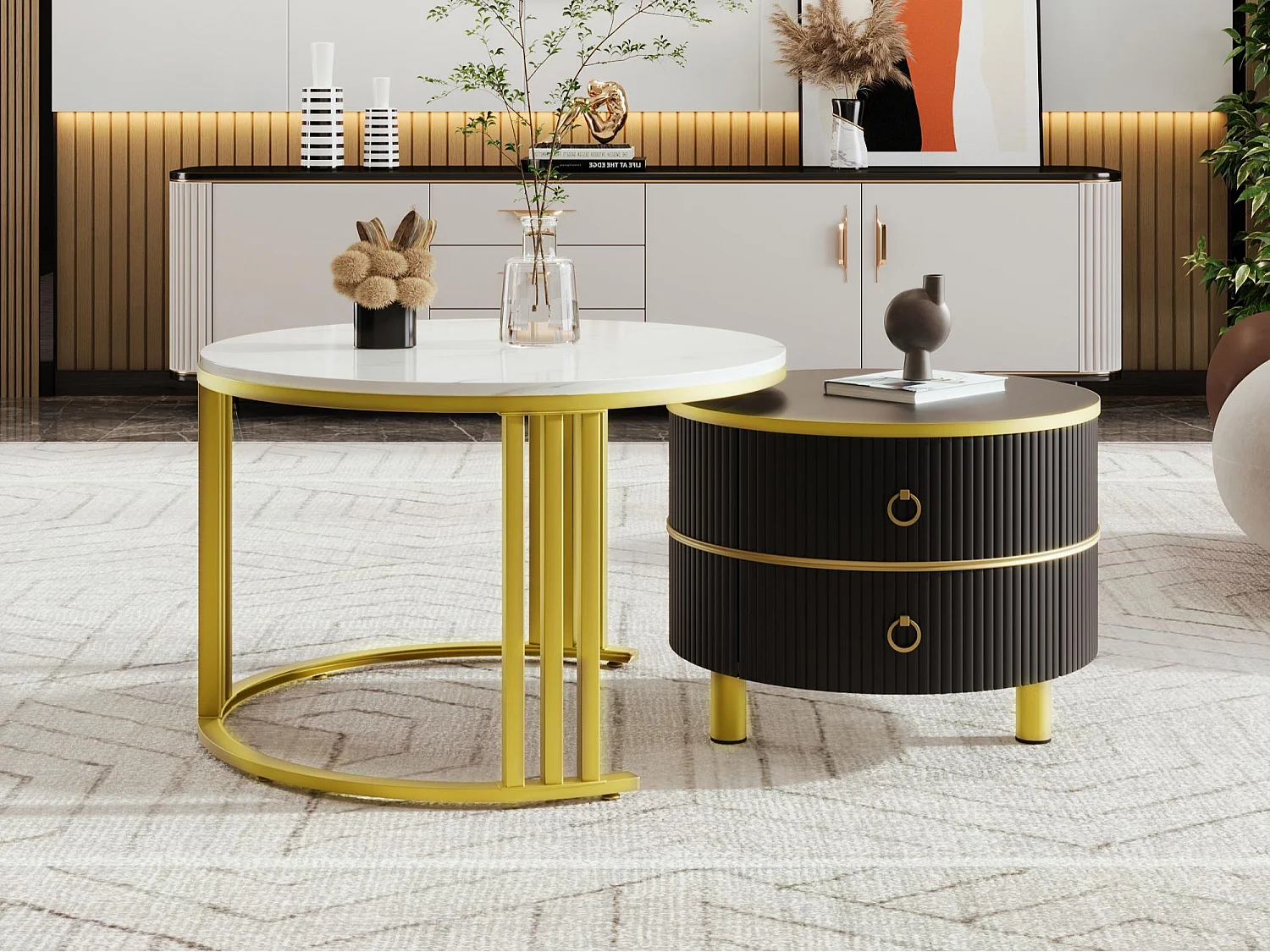 Lot de 2 tables basses gigognes avec 2 tiroirs - plateau à motif de marbre - Doré & Noir