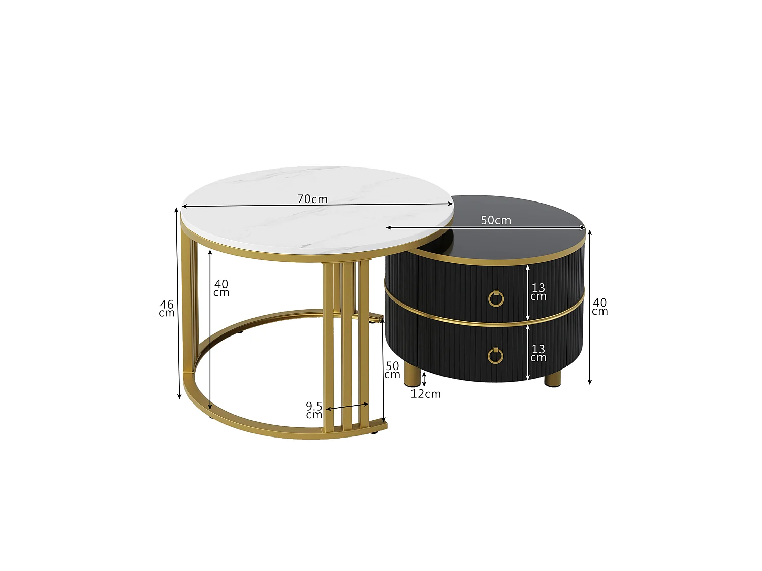 Lot de 2 tables basses gigognes avec 2 tiroirs - plateau à motif de marbre - Doré & Noir