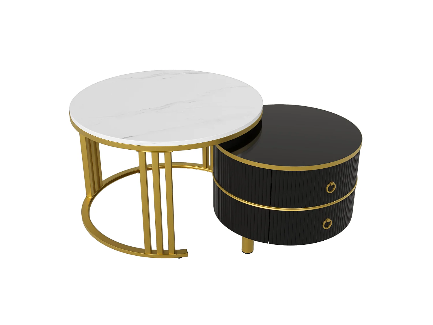 Lot de 2 tables basses gigognes avec 2 tiroirs - plateau à motif de marbre - Doré & Noir