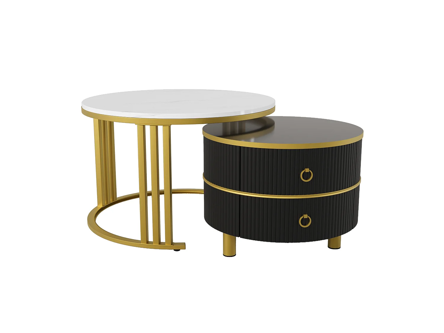 Lot de 2 tables basses gigognes avec 2 tiroirs - plateau à motif de marbre - Doré & Noir