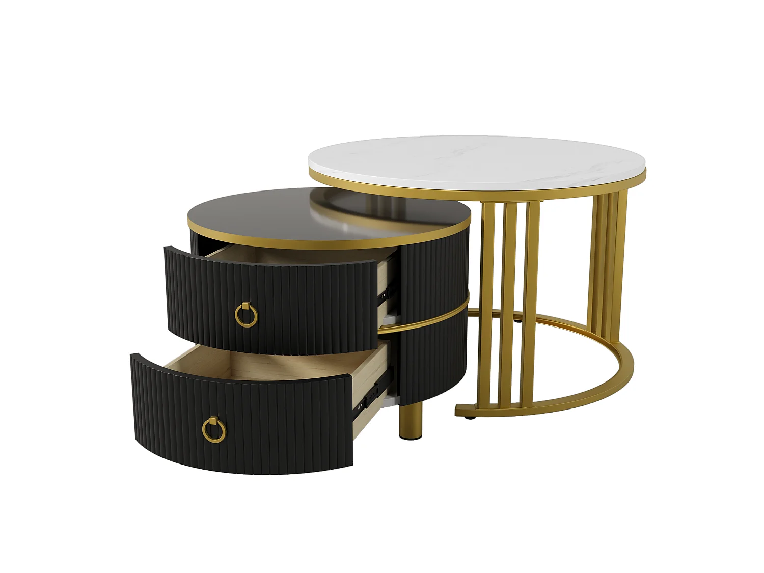 Lot de 2 tables basses gigognes avec 2 tiroirs - plateau à motif de marbre - Doré & Noir