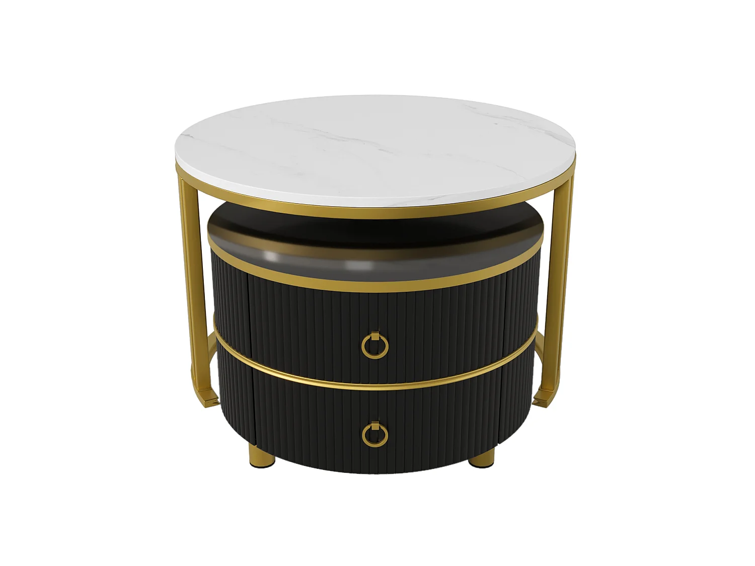 Lot de 2 tables basses gigognes avec 2 tiroirs - plateau à motif de marbre - Doré & Noir