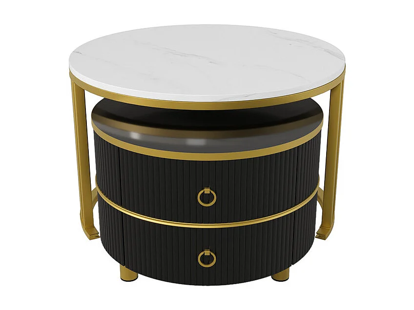 Set di 2 tavolini impilabili con 2 cassetti - piano con motivo in marmo - Bianco e nero