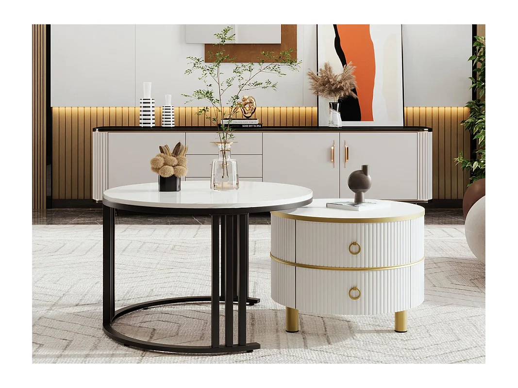 Lot de 2 tables basses gigognes avec 2 tiroirs - plateau à motif de marbre - Noir & Blanc