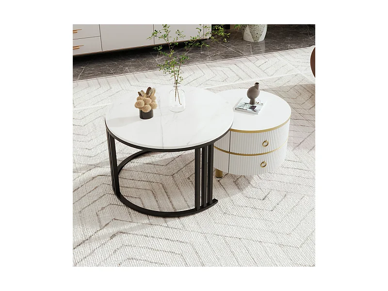 Set van 2 in elkaar geschoven salontafels met 2 laden - blad met marmerpatroon - Zwart en wit