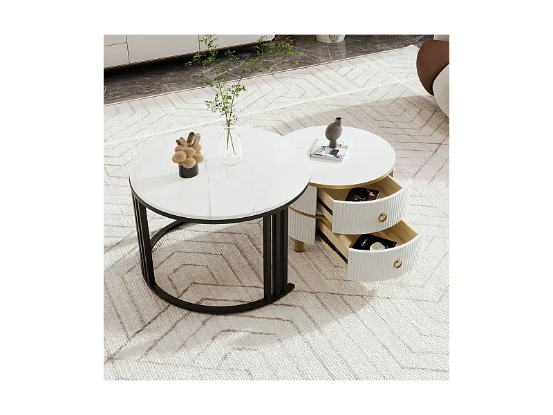 Set van 2 in elkaar geschoven salontafels met 2 laden - blad met marmerpatroon - Zwart en wit