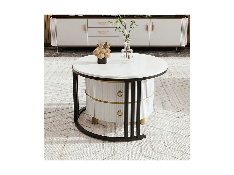 Set van 2 in elkaar geschoven salontafels met 2 laden - blad met marmerpatroon - Zwart en wit