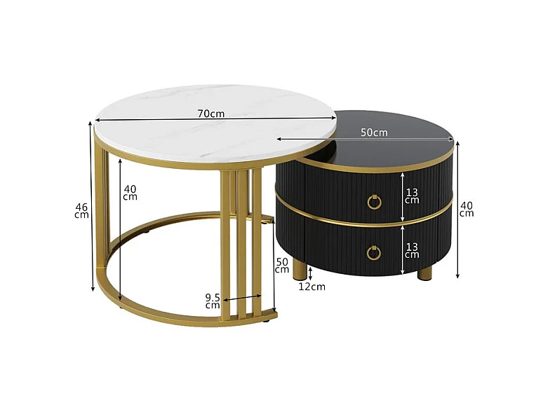 Set van 2 in elkaar geschoven salontafels met 2 laden - blad met marmerpatroon - Zwart en wit