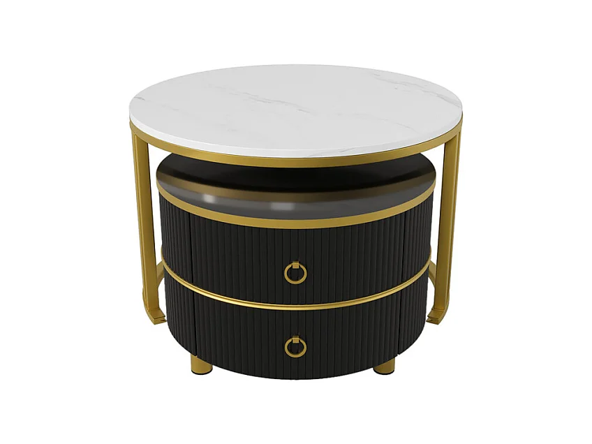 Set van 2 in elkaar geschoven salontafels met 2 laden - blad met marmerpatroon - Zwart en wit