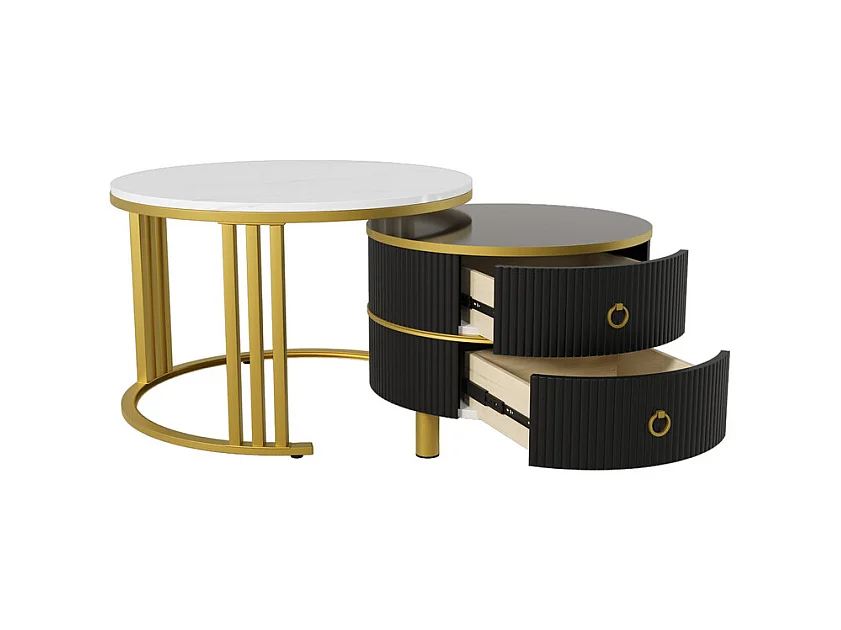 Set van 2 in elkaar geschoven salontafels met 2 laden - blad met marmerpatroon - Zwart en wit