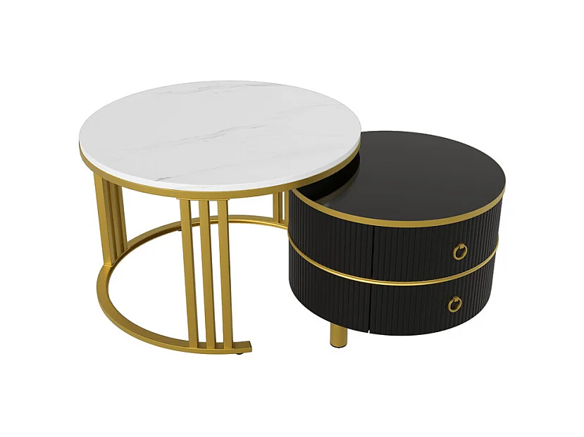 Set van 2 in elkaar geschoven salontafels met 2 laden - blad met marmerpatroon - Zwart en wit