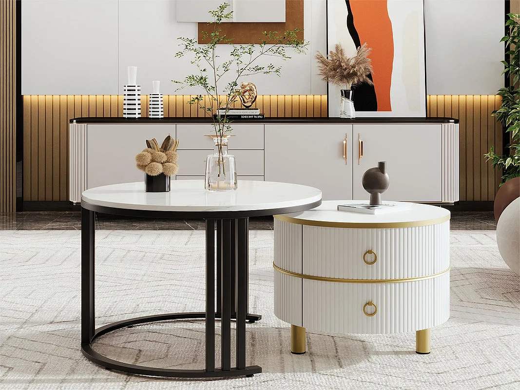 Lot de 2 tables basses gigognes avec 2 tiroirs - plateau à motif de marbre - Noir & Blanc