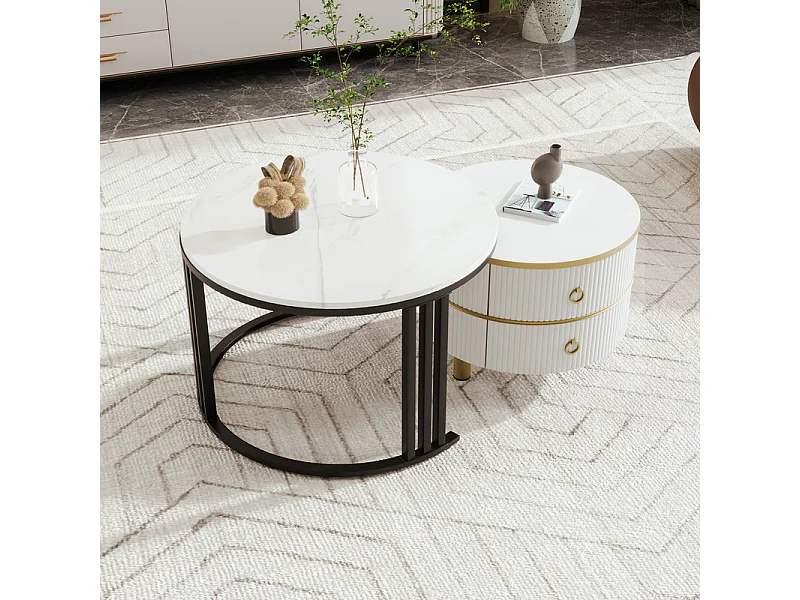 Lot de 2 tables basses gigognes avec 2 tiroirs - plateau à motif de marbre - Noir & Blanc