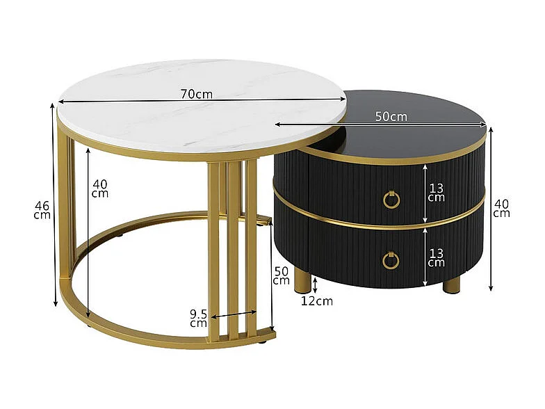 Lot de 2 tables basses gigognes avec 2 tiroirs - plateau à motif de marbre - Noir & Blanc