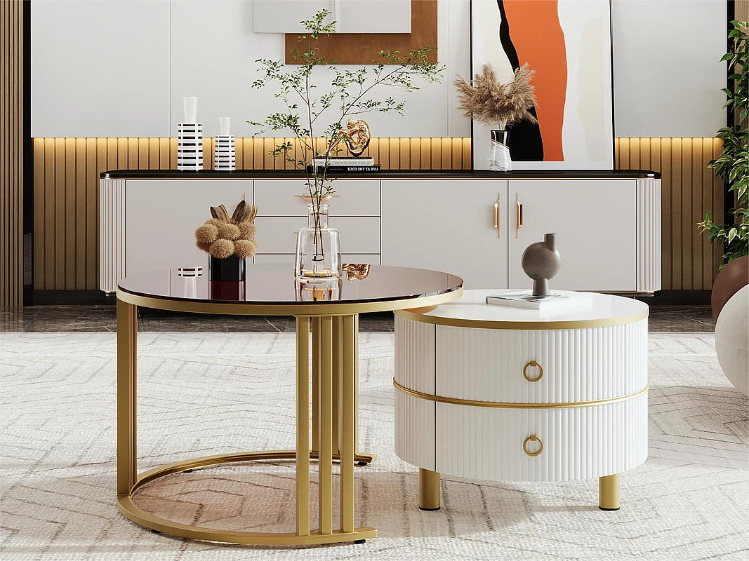 Set di 2 tavolini impilabili con 2 cassetti - Piano in vetro temperato marrone - Bianco