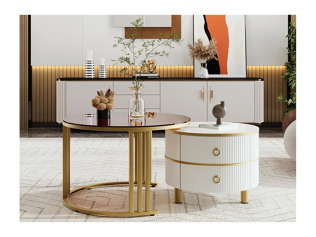 Lot de 2 tables basses gigognes avec 2 tiroirs - plateau en verre trempé Marron - Blanc