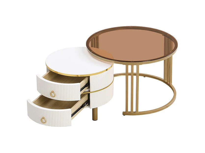 Juego de 2 mesas de centro nido con 2 cajones - Tapa de cristal templado marrón - Blanco