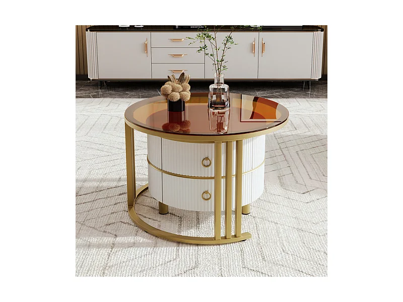 Juego de 2 mesas de centro nido con 2 cajones - Tapa de cristal templado marrón - Blanco