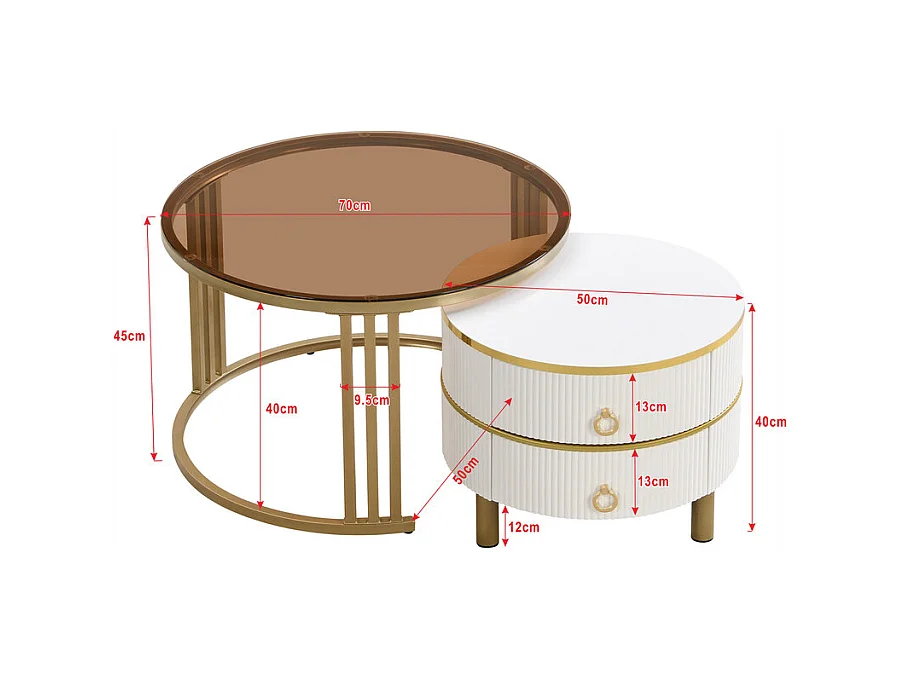 Juego de 2 mesas de centro nido con 2 cajones - Tapa de cristal templado marrón - Blanco