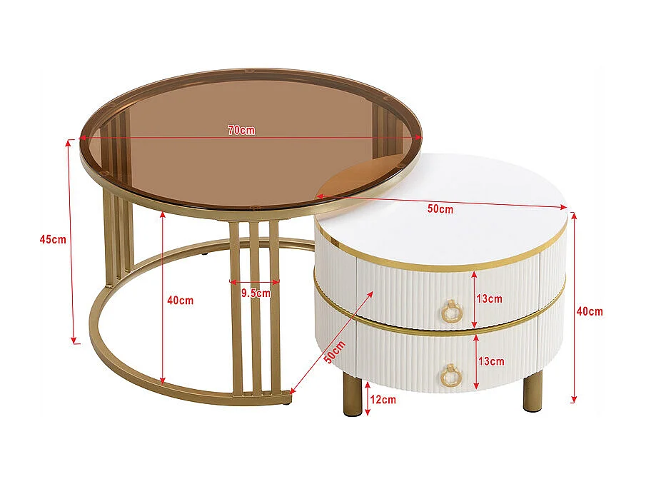Lot de 2 tables basses gigognes avec 2 tiroirs - plateau en verre trempé Marron - Blanc