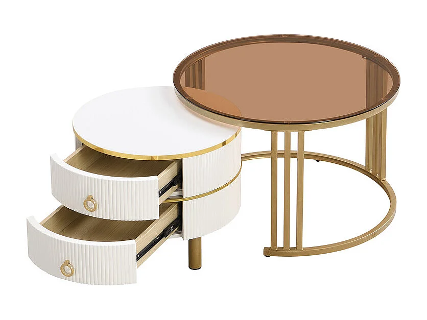 Lot de 2 tables basses gigognes avec 2 tiroirs - plateau en verre trempé Marron - Blanc