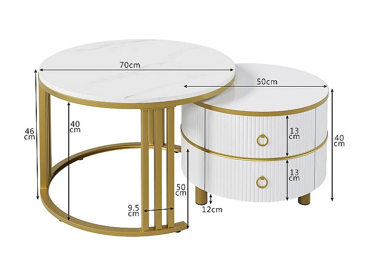 Juego de 2 mesas de centro nido con 2 cajones - tapa con diseño de mármol - Dorado y blanco