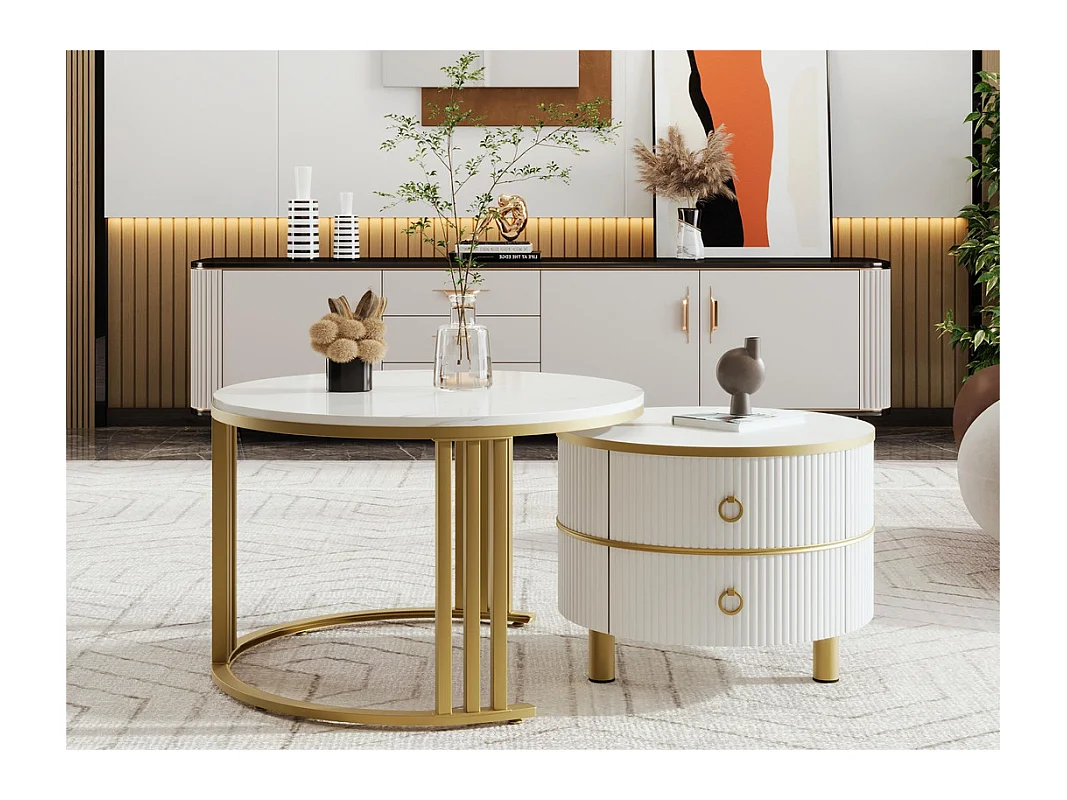 Lot de 2 tables basses gigognes avec 2 tiroirs - plateau à motif de marbre - Doré & Blanc