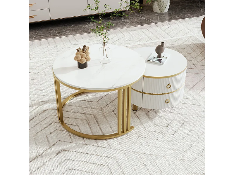 Set aus 2 ineinander steckbaren Couchtischen mit 2 Schubladen – Platte mit Marmormuster – Gold und Weiß