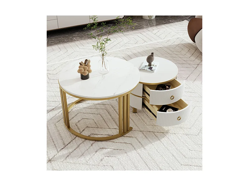 Set aus 2 ineinander steckbaren Couchtischen mit 2 Schubladen – Platte mit Marmormuster – Gold und Weiß